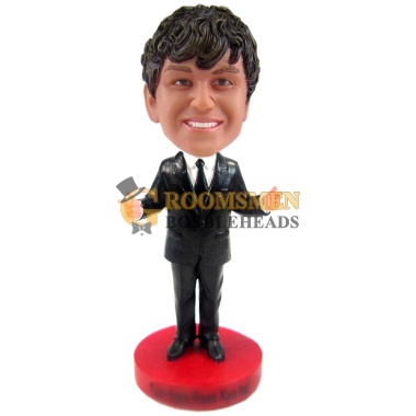 Groomsmen bobblehead in black suit and tie with guns up